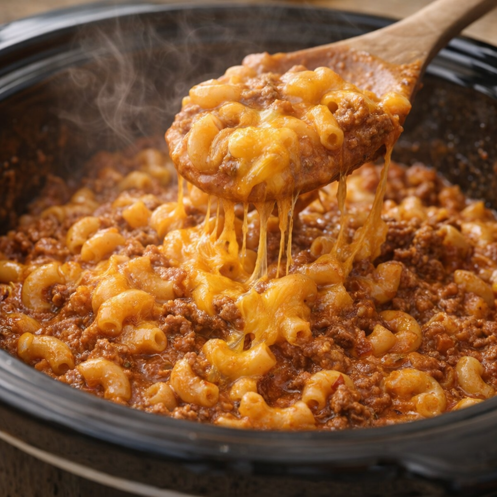 Melted cheddar folded into finished beef and macaroni