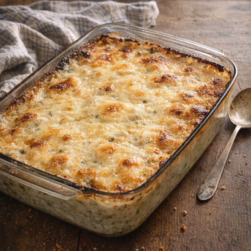 Chicken casserole in a vintage baking dish on a farmhouse table