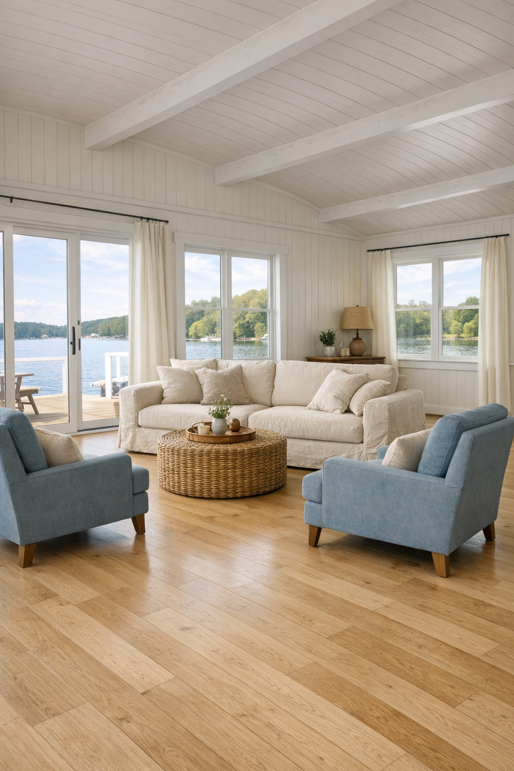 Cozy accessible living room on a lake cottage houseboat with soft wood tones and large windows