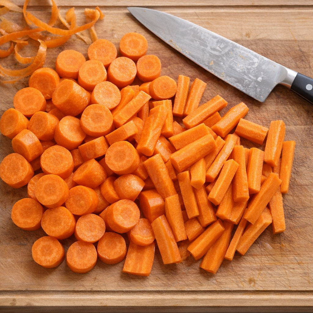 Freshly peeled and sliced carrots on a cutting board