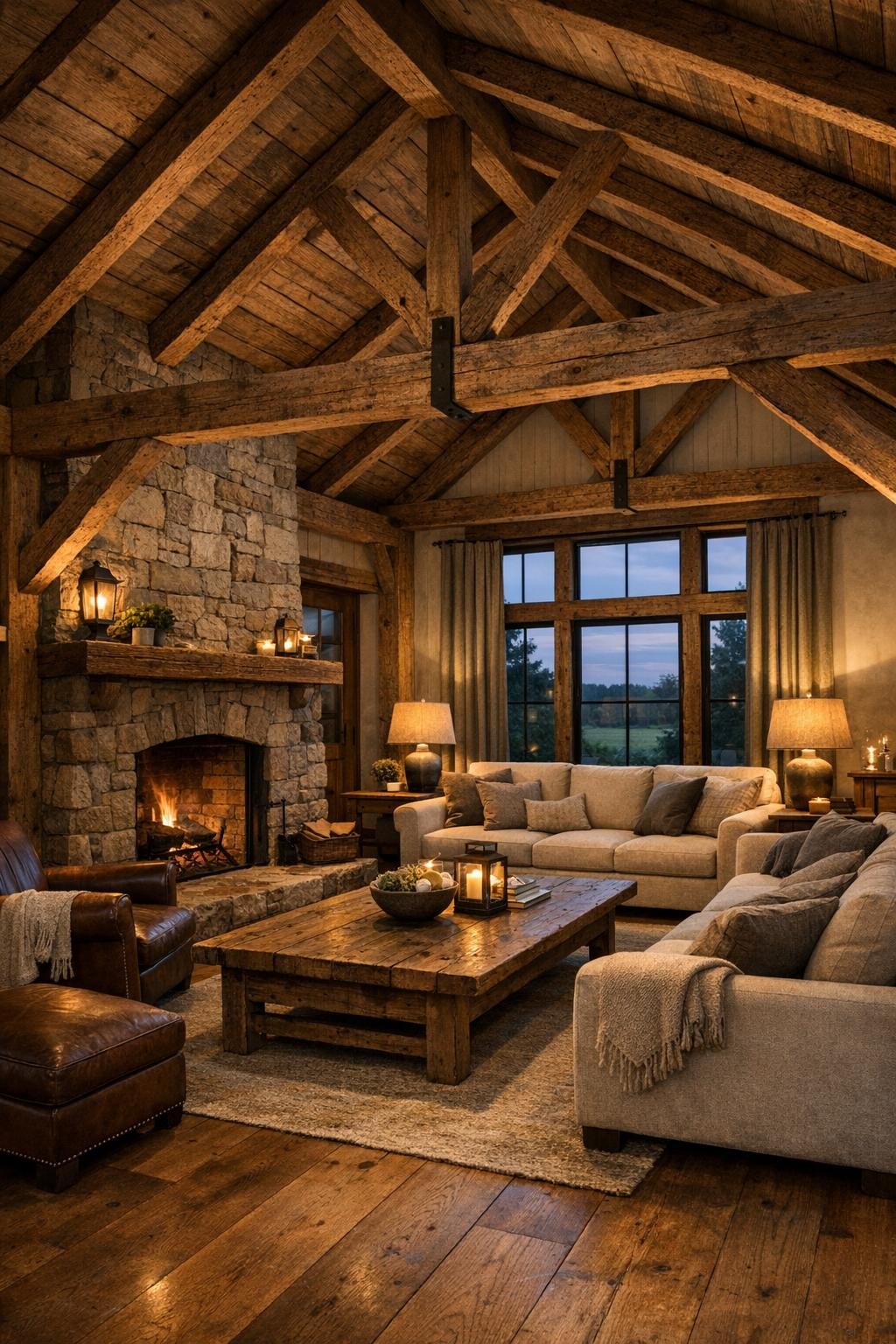 Barn-style living room with exposed beams, stone fireplace, and soft neutral seating