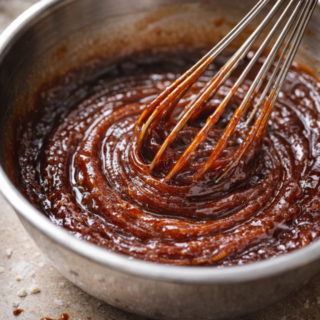 Barbecue sauce and grape jelly being whisked together