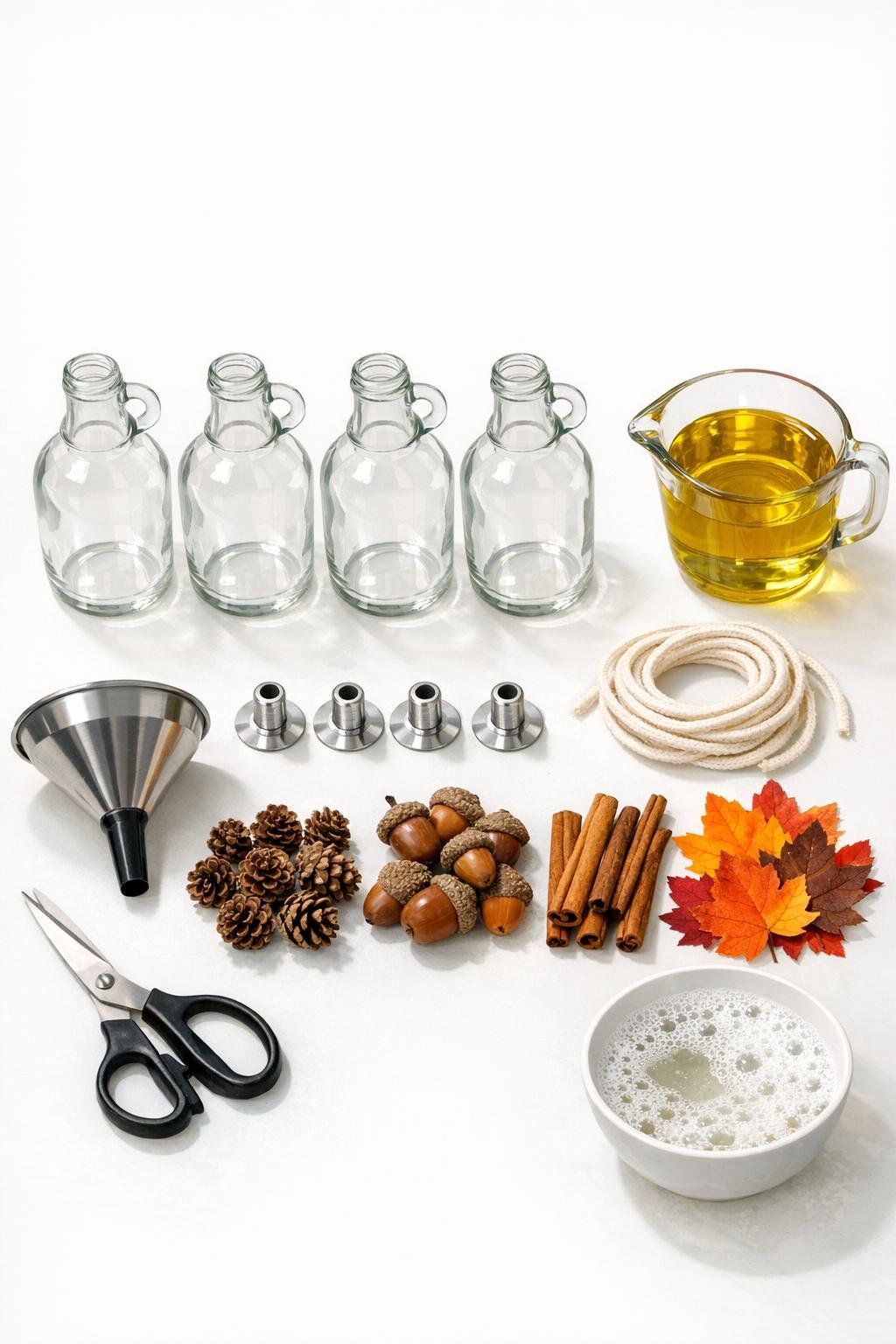 Materials laid out for four syrup bottle oil lamps