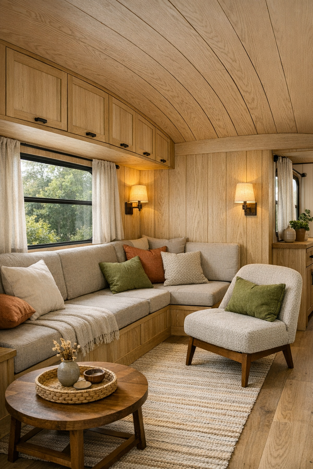 Cozy bus living room with built-in seating and pale wood finishes