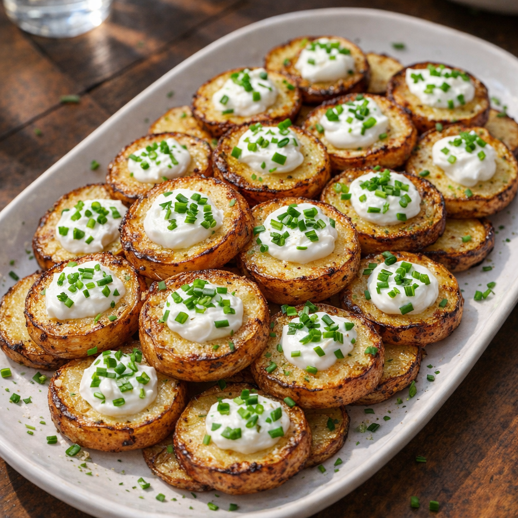 Potato rounds topped with herbs and sour cream