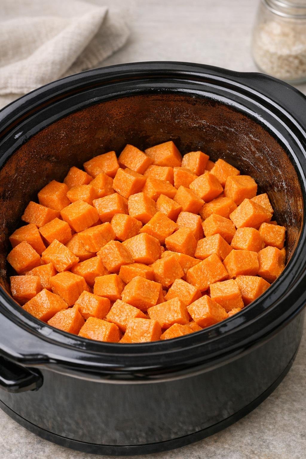 Zoete aardappelen verspreid over de bodem van een slowcooker