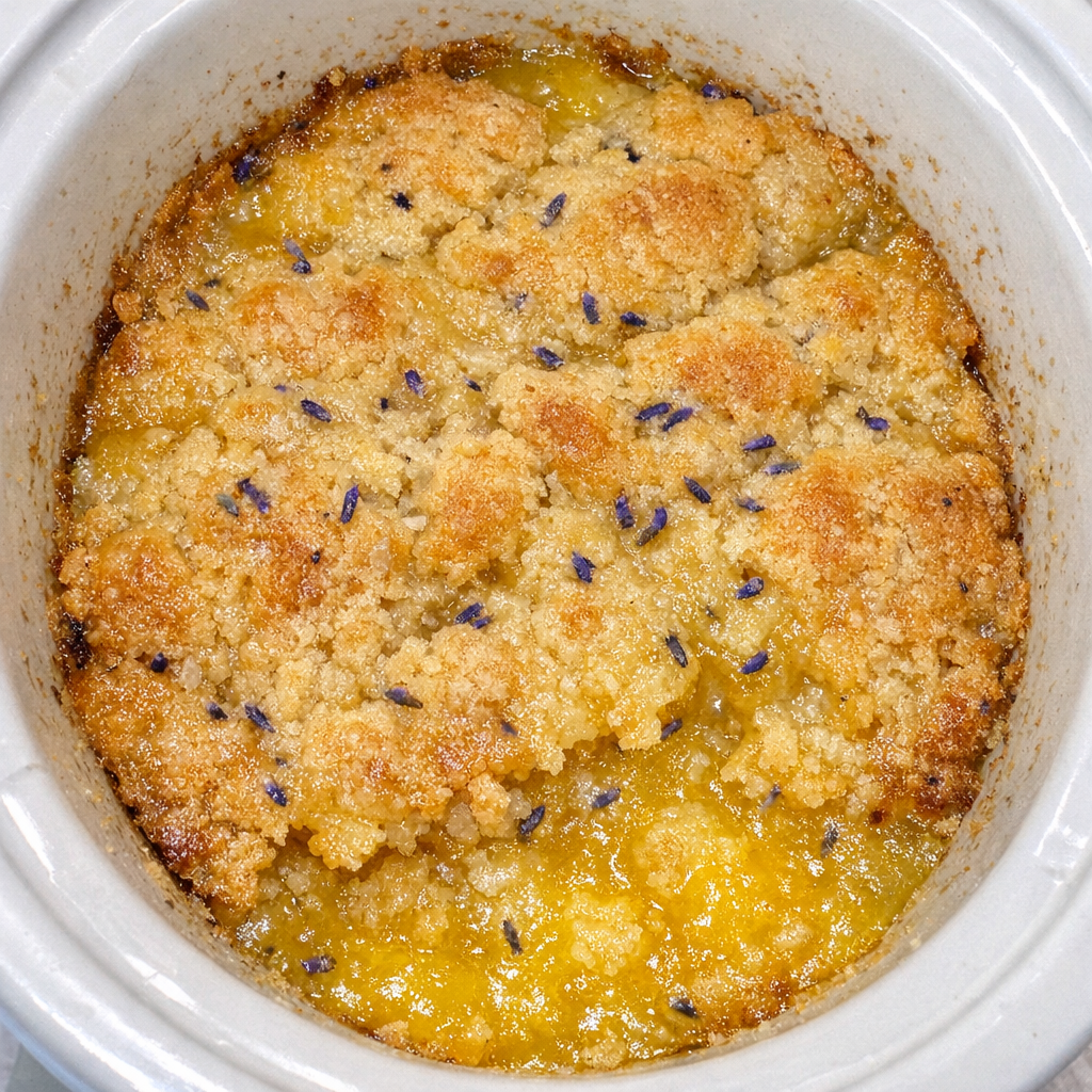 Slow cooker lavender lemonade cobbler in a white slow cooker