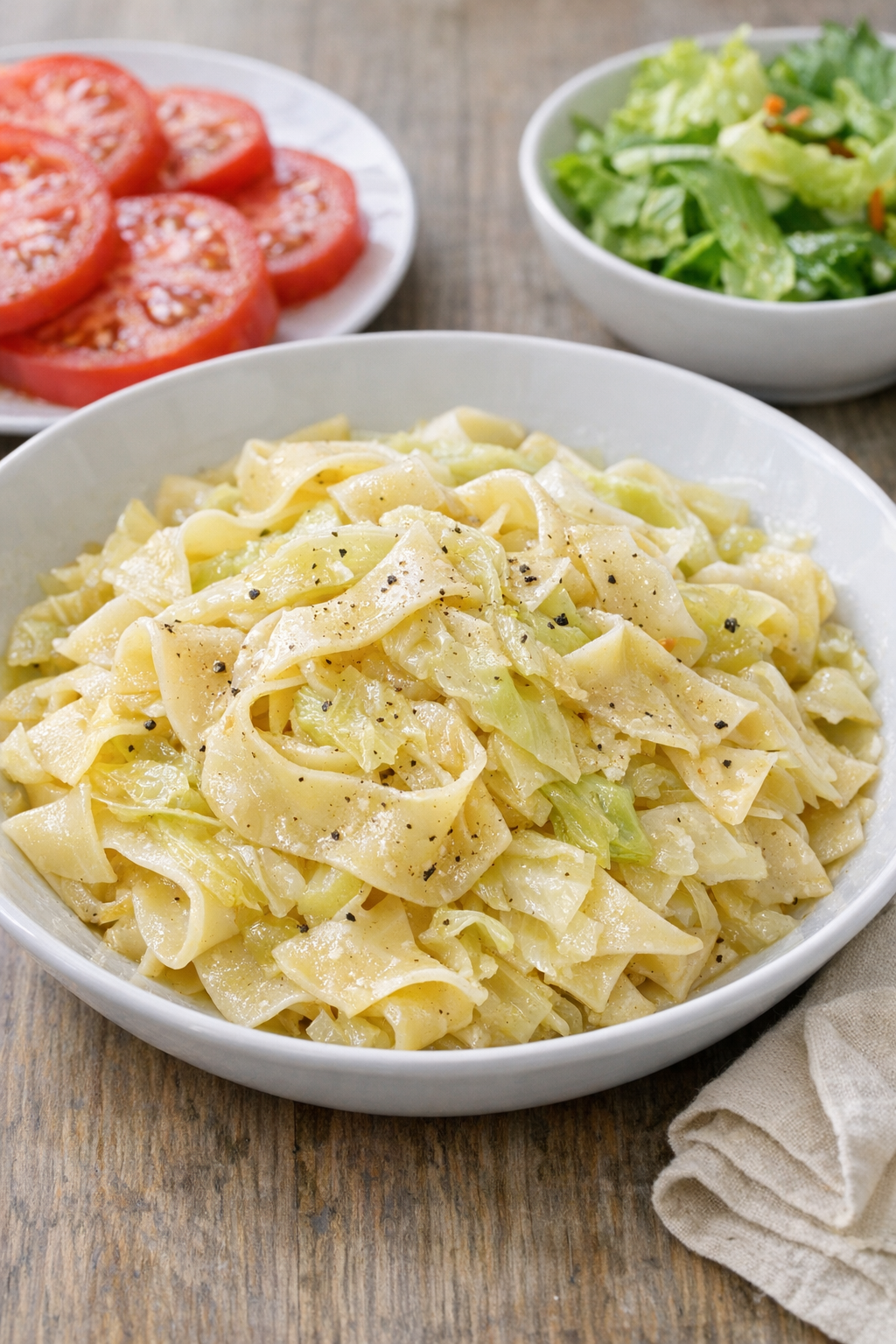 Finished cabbage noodles plated with simple sides