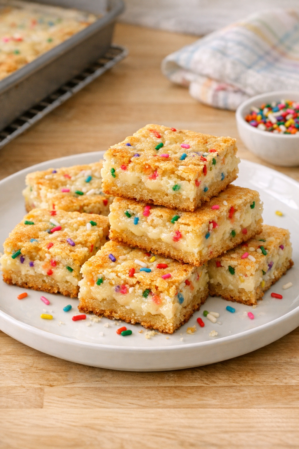 Finished funfetti cake mix bars on a platter