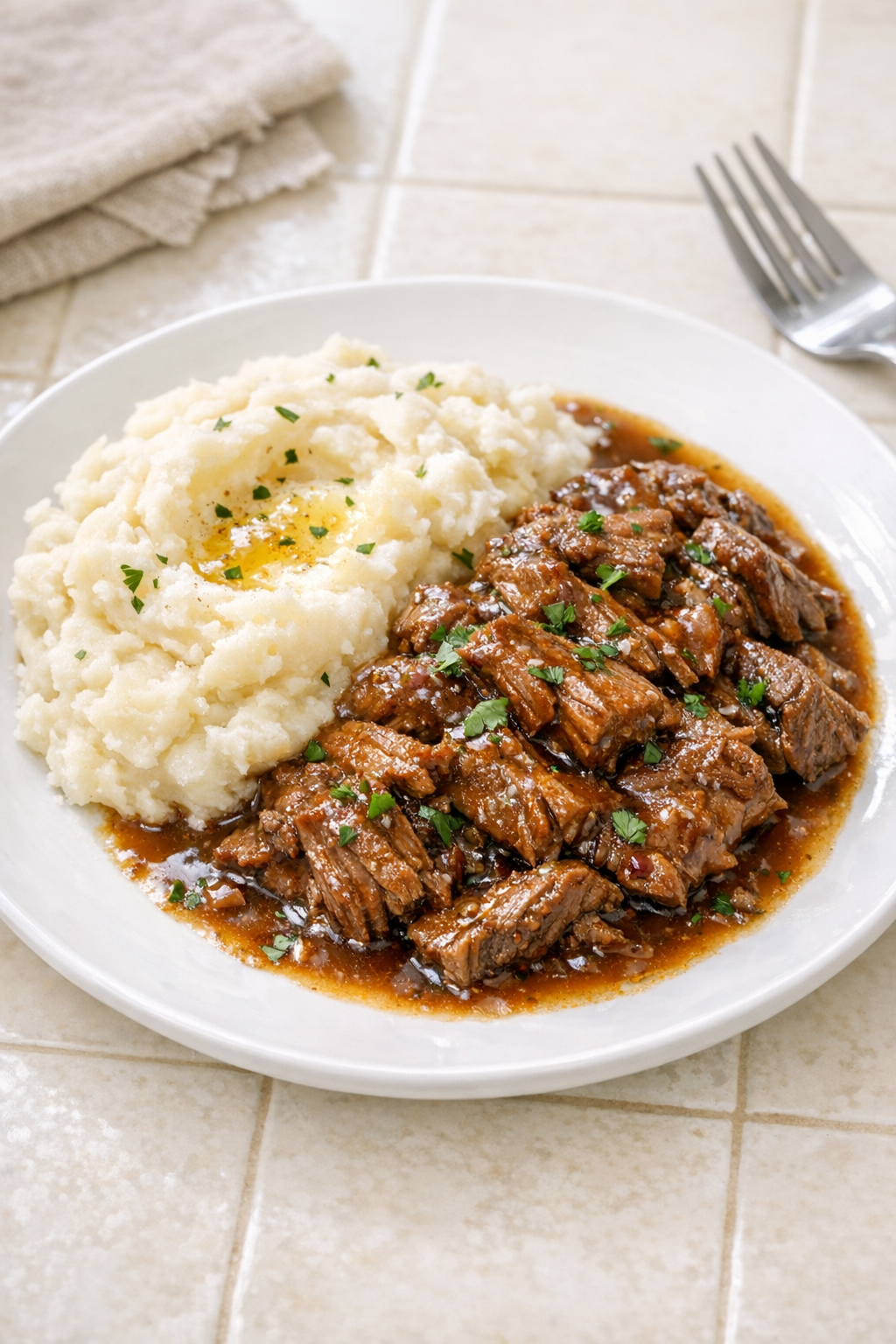 Finished slow cooker Worcestershire beef plated with mashed potatoes
