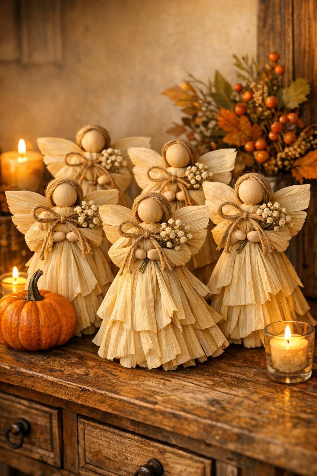 Finished corn husk harvest angels displayed as autumn decor