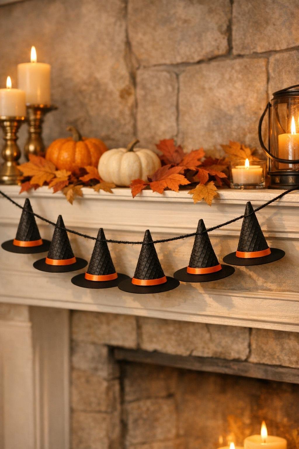 Finished mini witch hat garland made from sugar cones displayed on a mantel