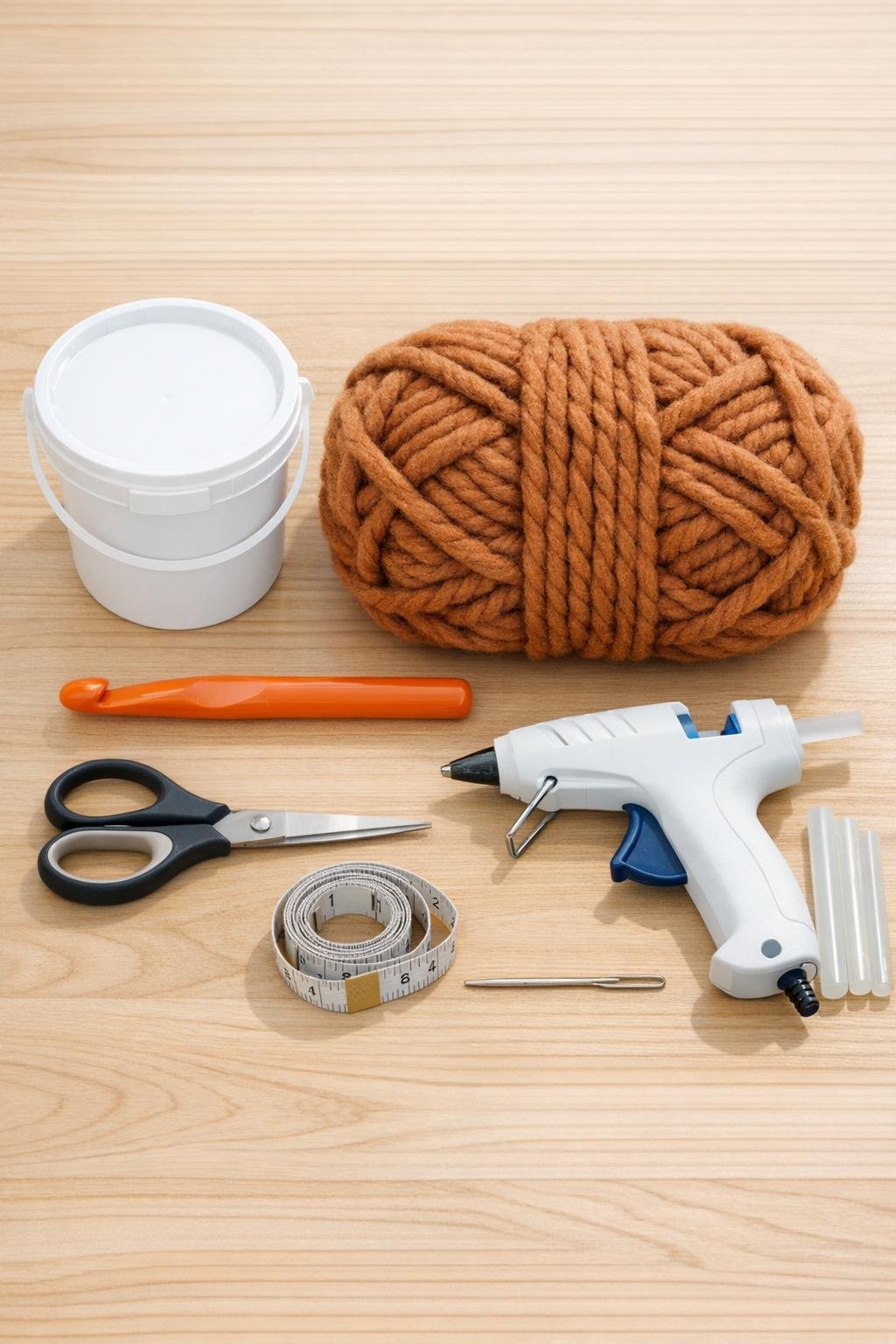 Materials for crocheted decorative bowl laid out neatly