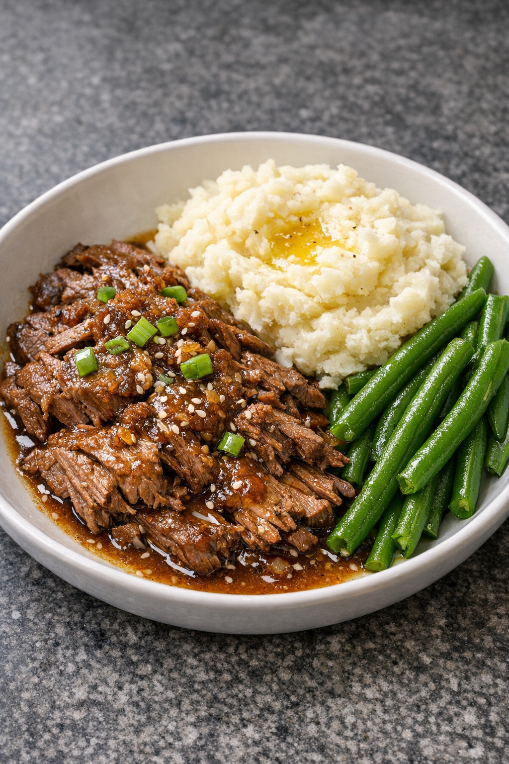 Finished Amish ginger beef plated for serving