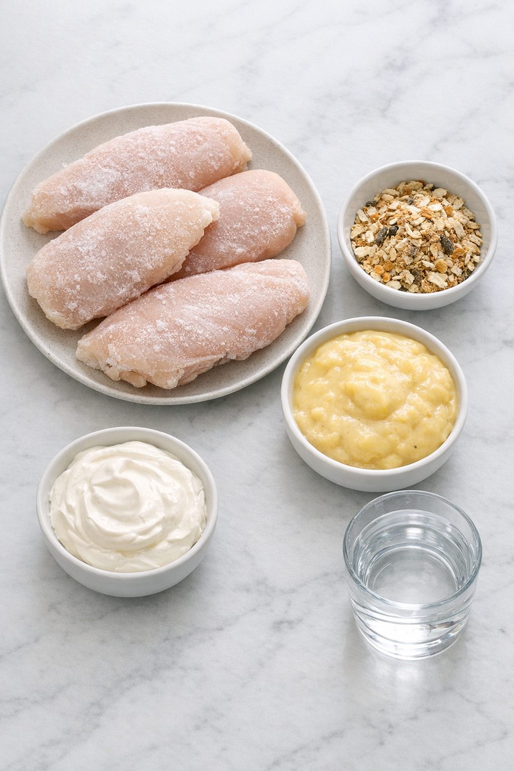 Main ingredients for oven chicken arranged on a counter