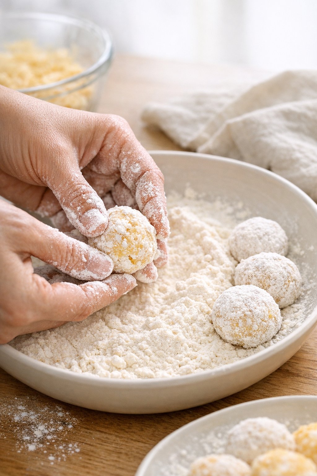 Grit bites being coated in flour