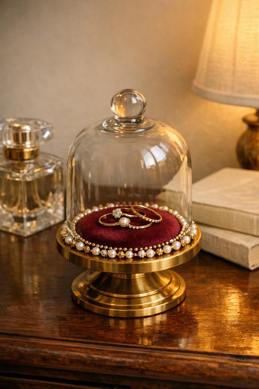 Finished cloche-covered bedroom trinket dish on a dresser