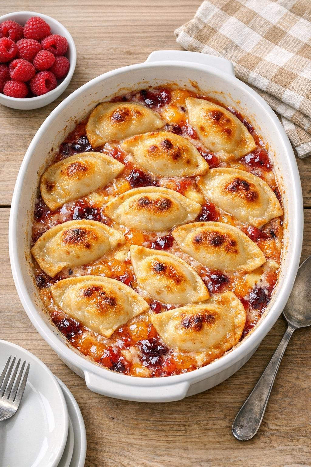 Baked sweet cheese pierogi dessert in a casserole dish