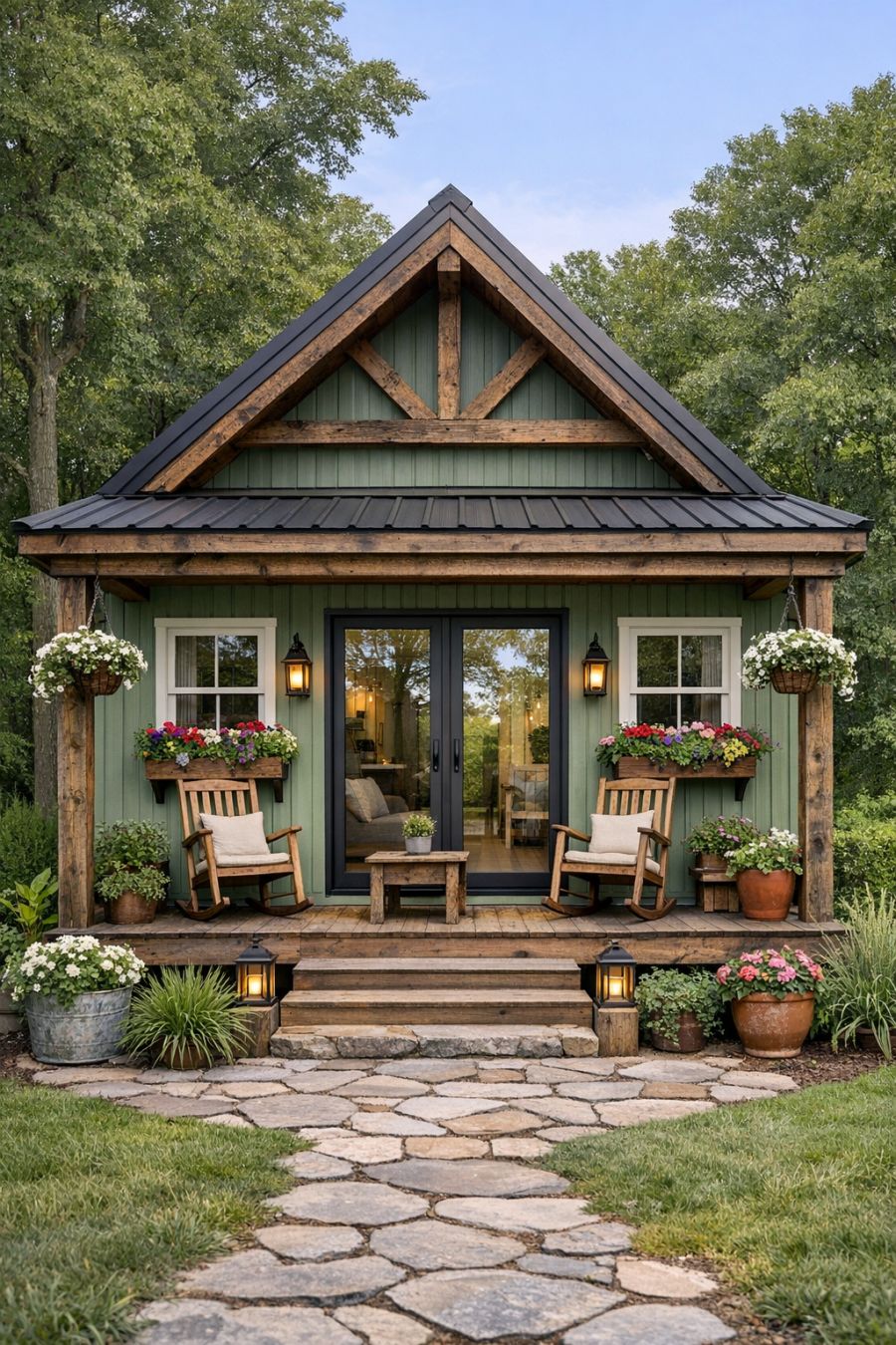 Rustic Container Cottage Step inside this cottage-inspired container home with sage green siding ...