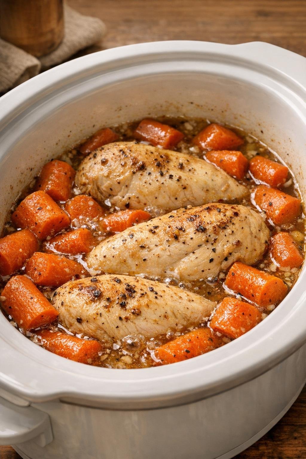 Finished Amish chicken and carrots in savory juices
