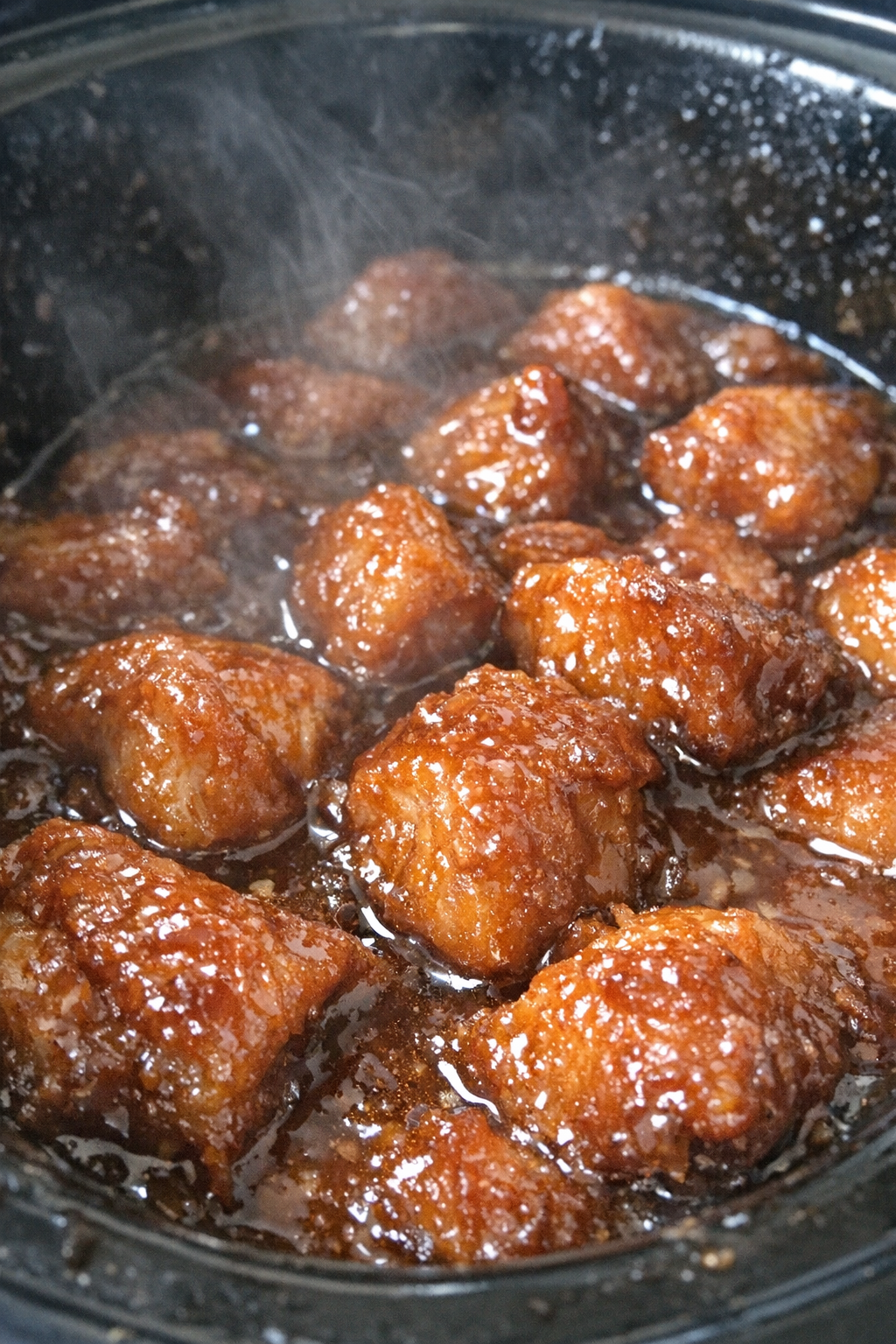Slow cooker protein chunks in amber glaze
