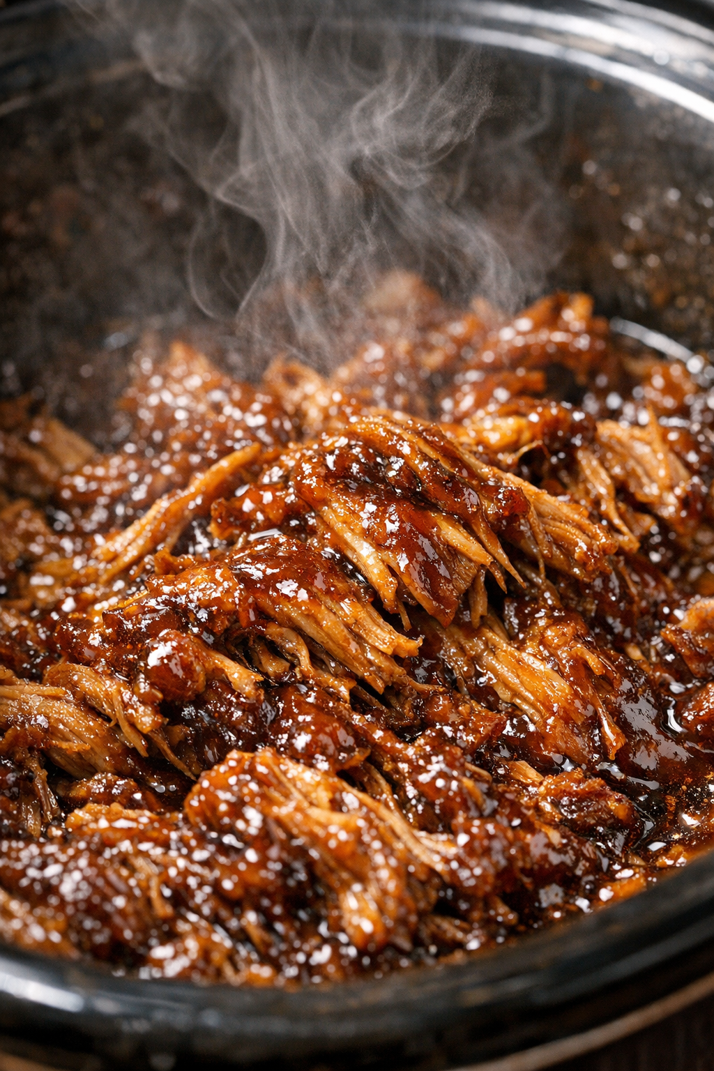 Glistening glazed vintage pork in a slow cooker