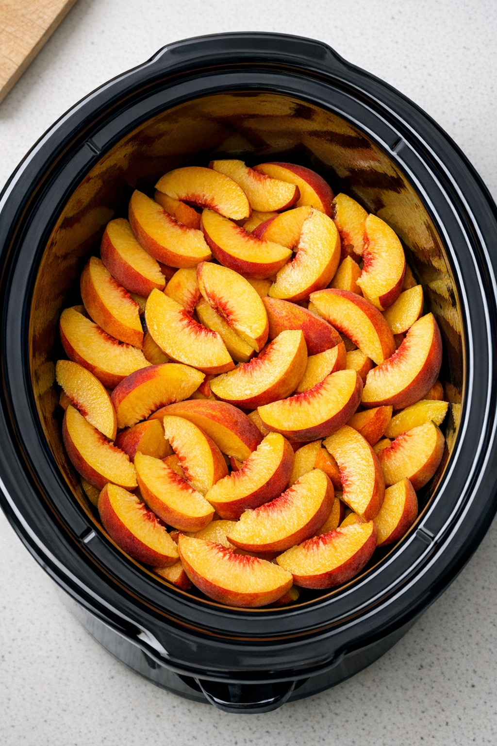 Peach slices spread in slow cooker
