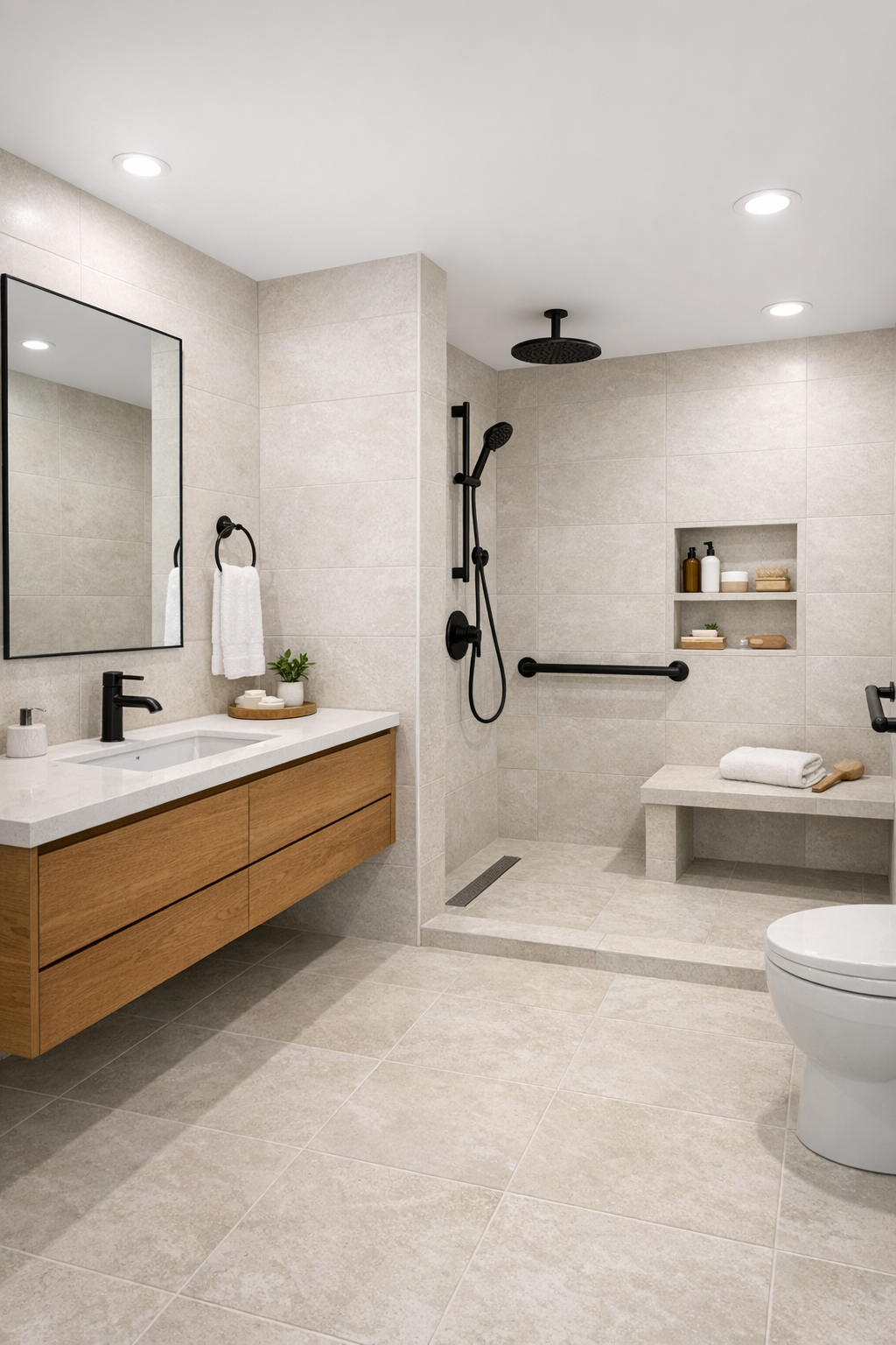 Light accessible bathroom with curbless shower, oak vanity, and pale stone tile