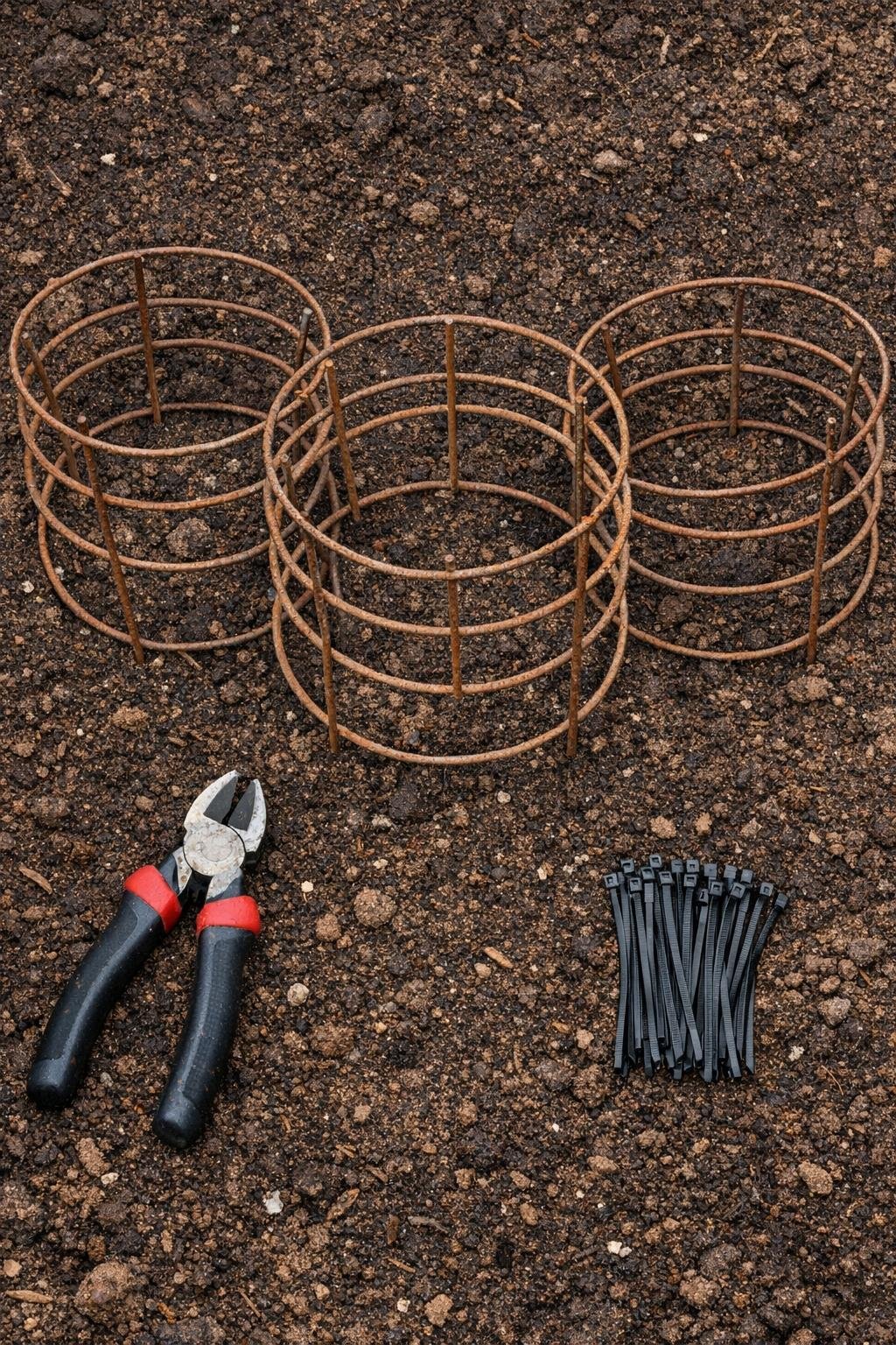 Three old wire tomato cages, zip ties, and wire cutters laid out on soil