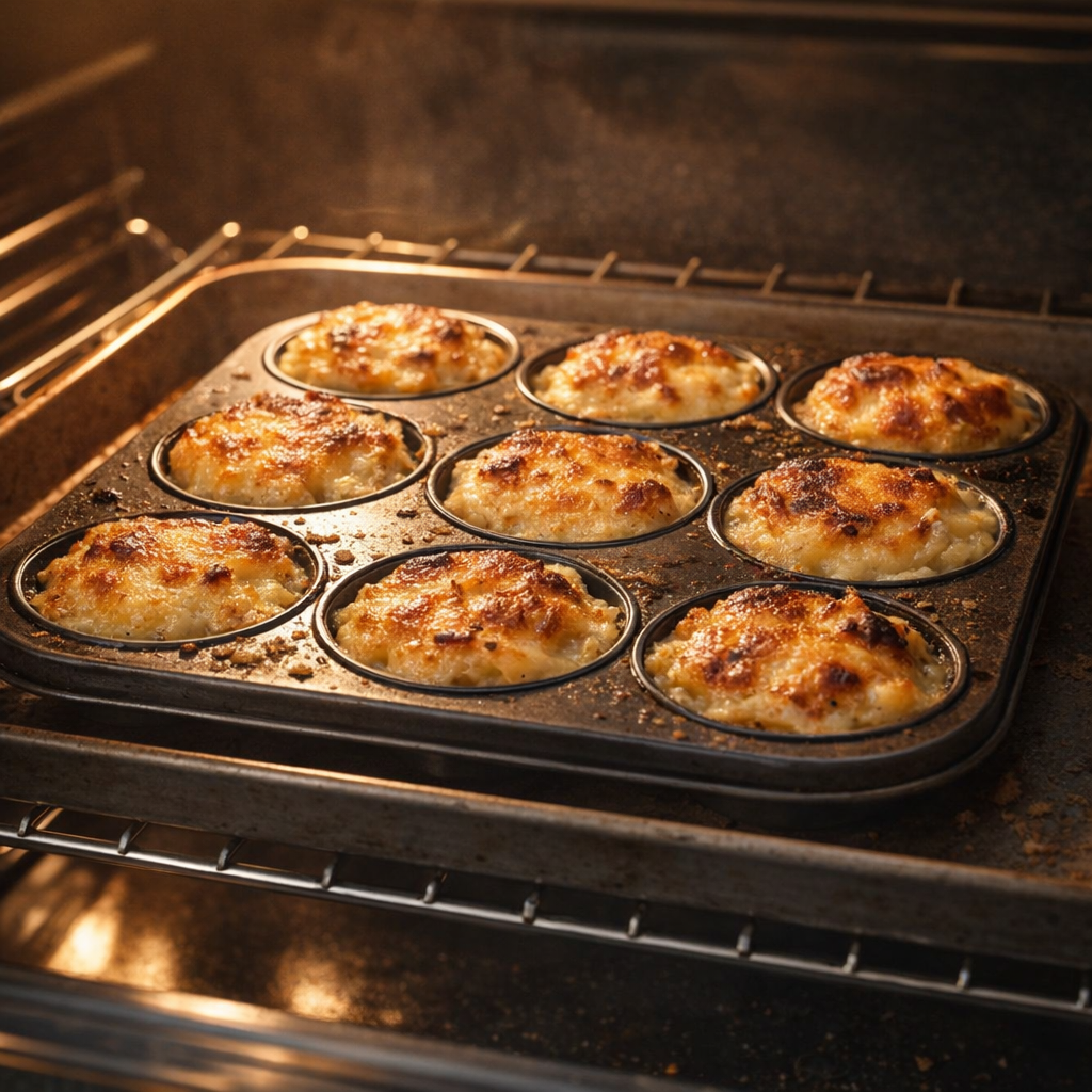 Muffin tin of au gratin cups baking on a sheet pan
