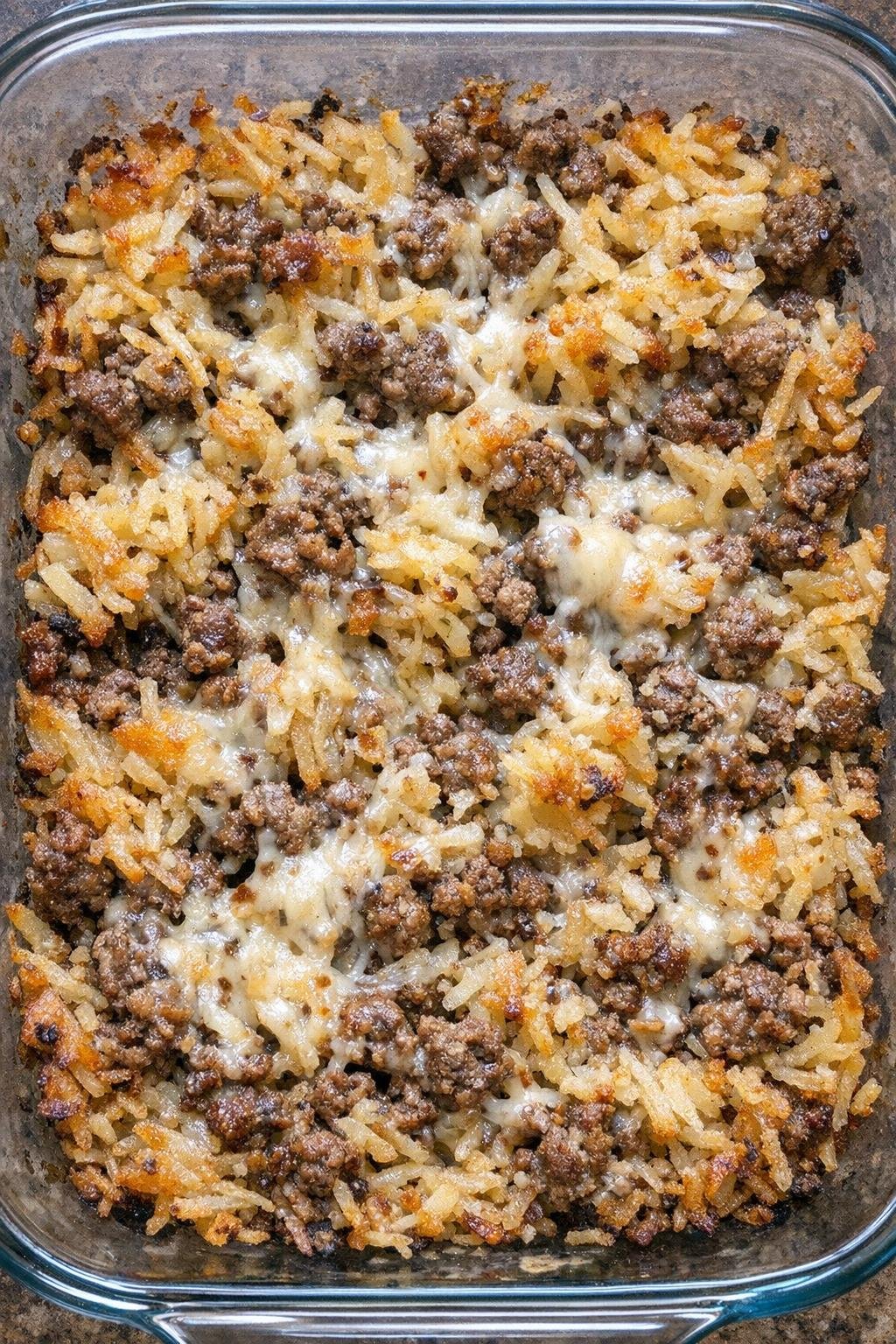 Finished beef hash brown bites in a casserole dish