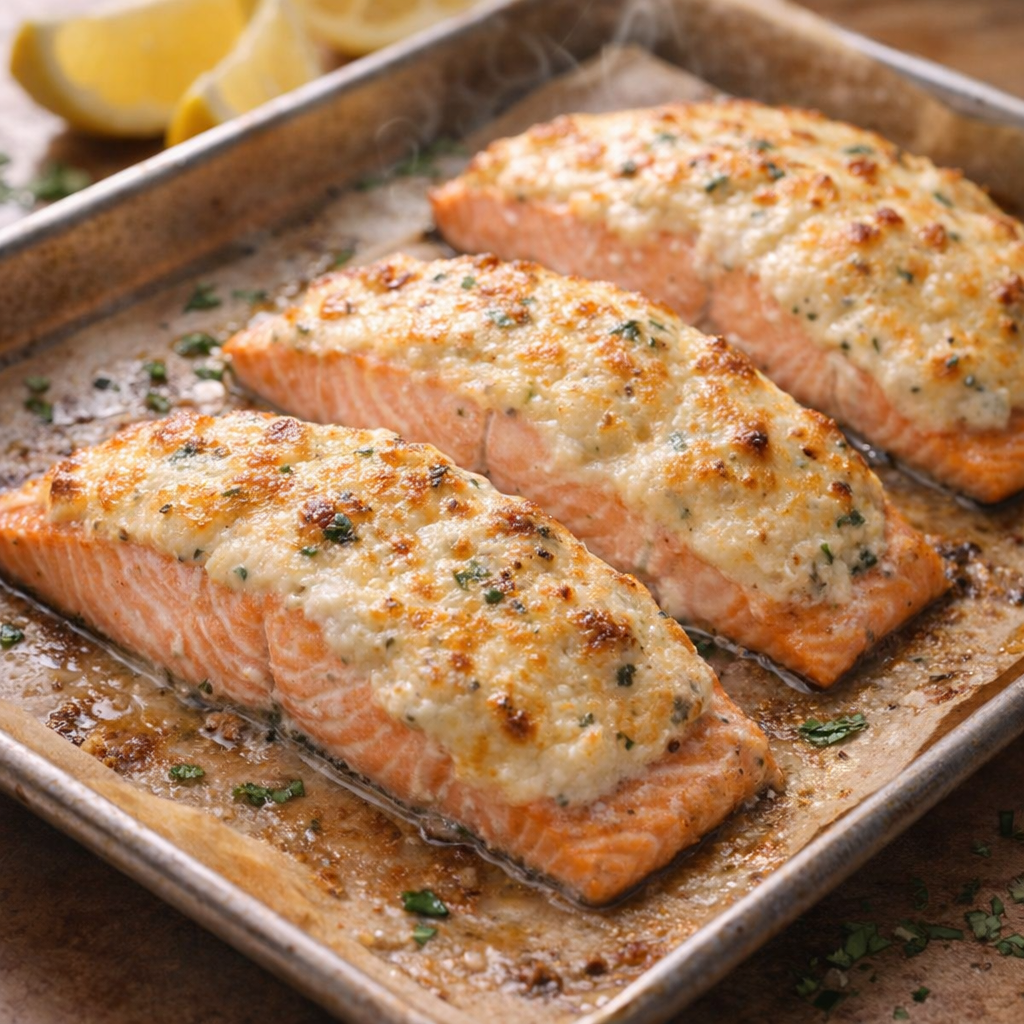 Baked salmon fresh from the oven with golden creamy topping