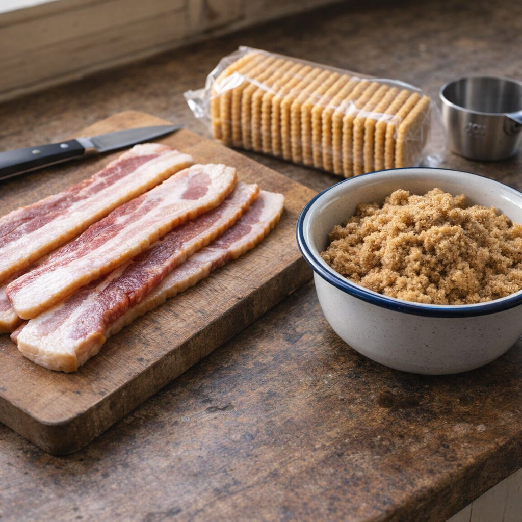 Simple ingredients for brown sugar bacon crackers on a farmhouse counter