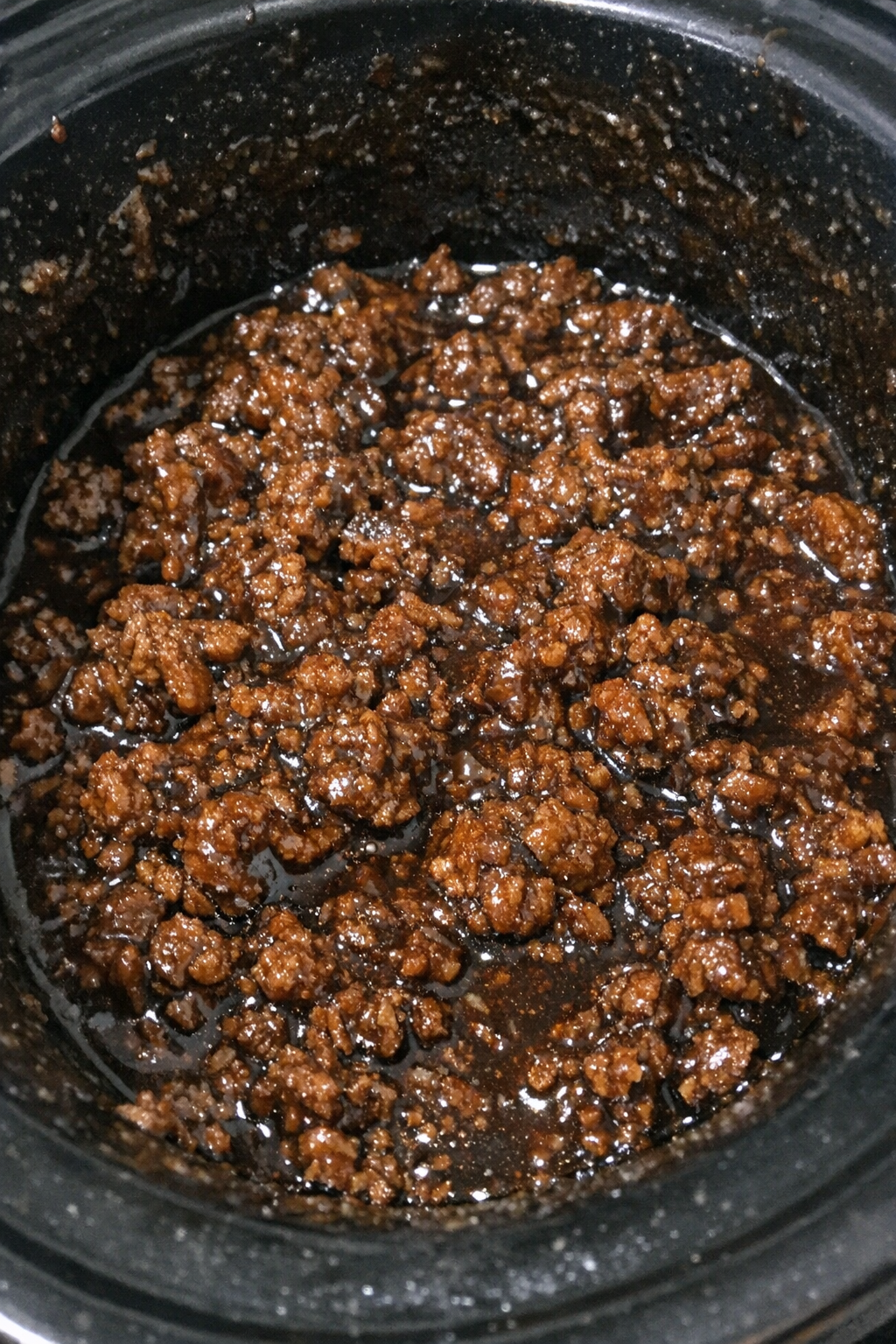 Slow cooker minced protein in dark glossy sauce