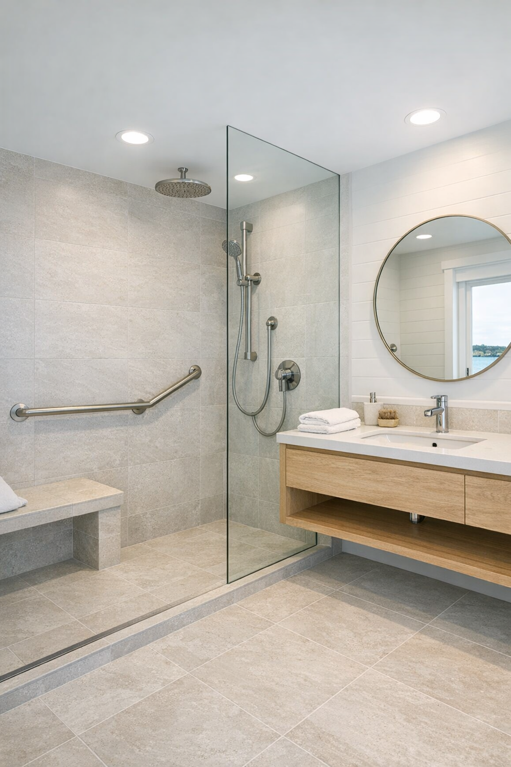 Elegant accessible bathroom with curbless shower and pale limestone-look tile
