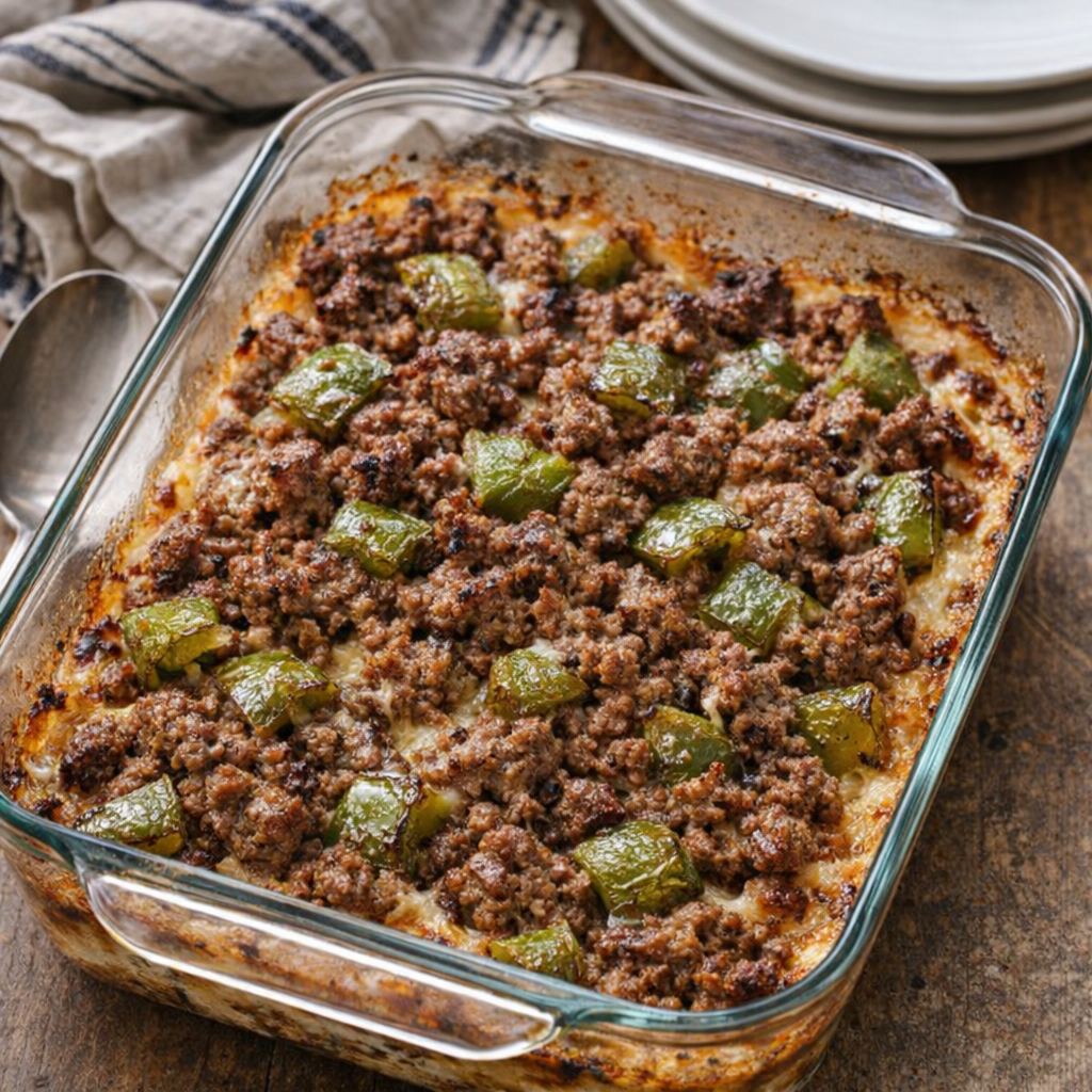 Homestyle beef and pepper bake in a glass dish on a farmhouse table