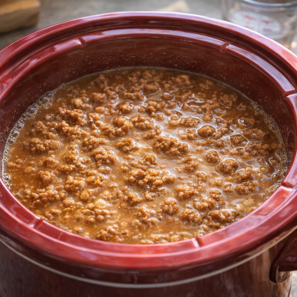 Slow cooker filled with pork and brown gravy