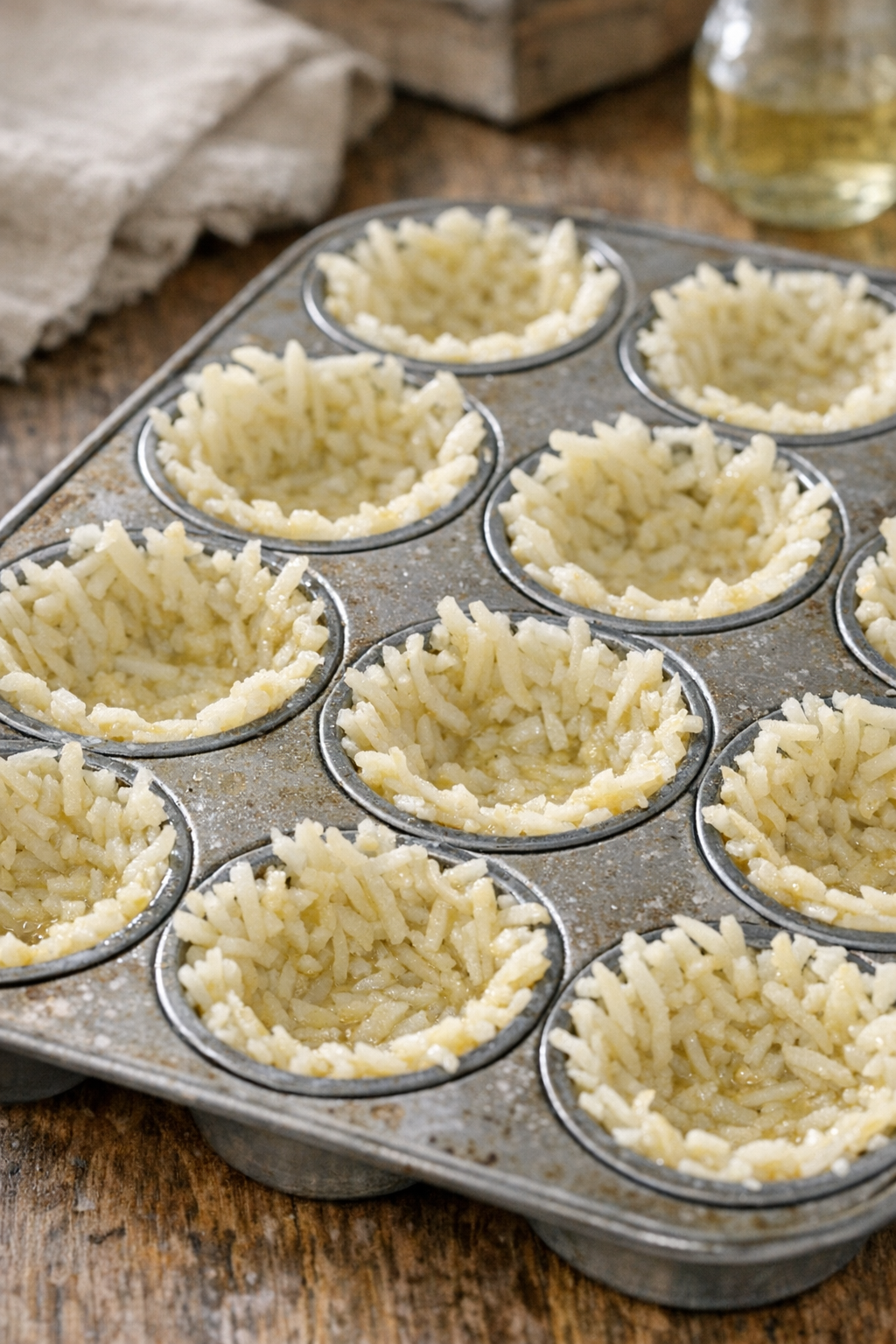 Hash brown mixture pressed into muffin cups