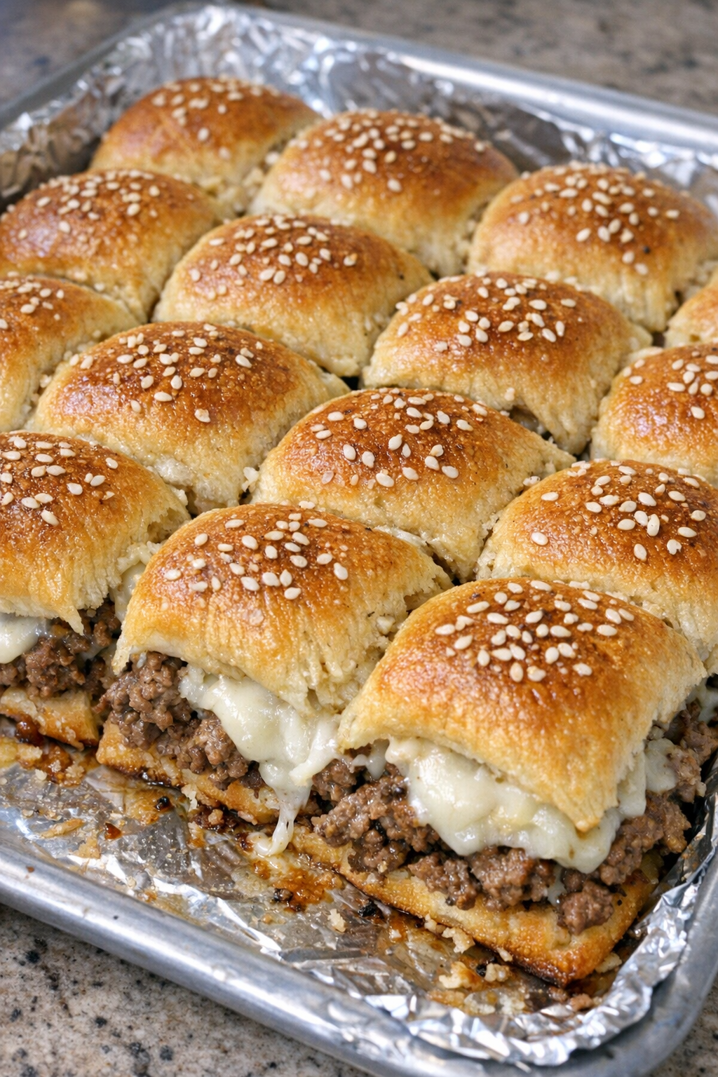 Oven baked beef crescent sliders on a foil-lined baking sheet