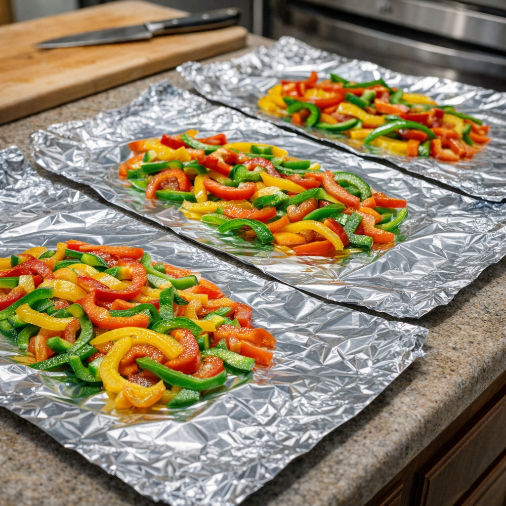 Sliced bell peppers arranged on foil sheets