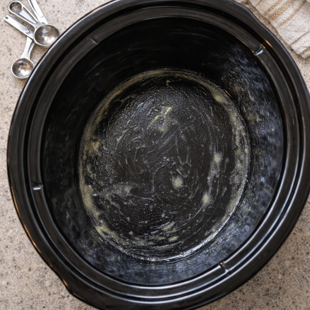 Greased slow cooker insert ready for dessert