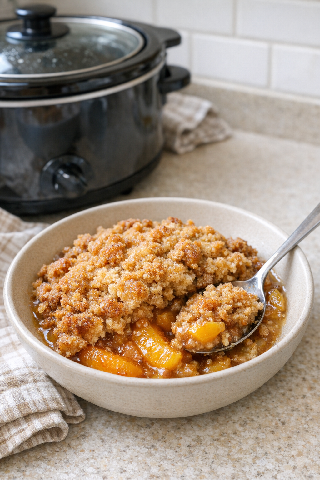 Finished slow cooker peach dessert served warm in a bowl