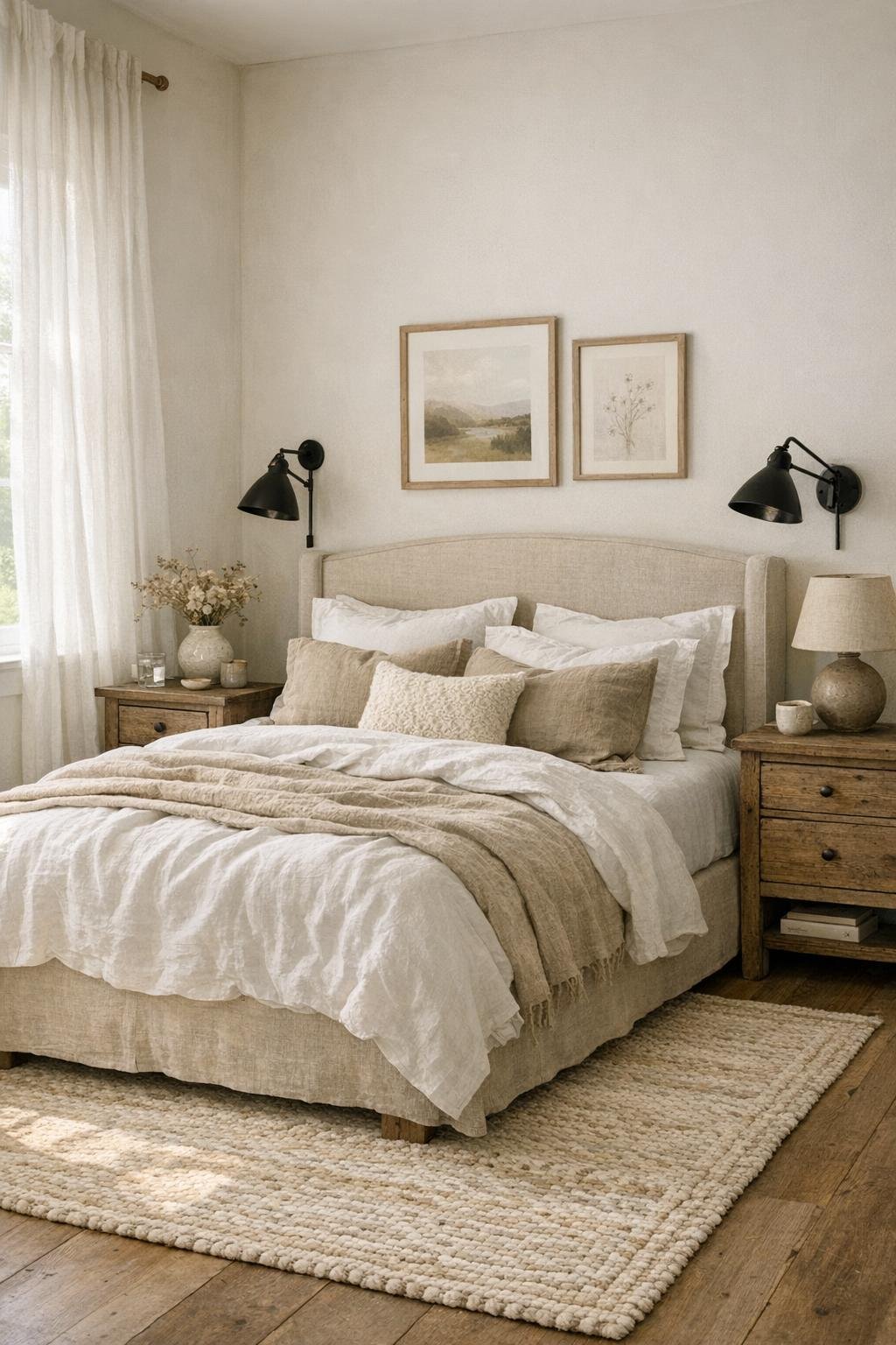 Soft cottage bedroom with linen bed, layered neutral bedding, and gentle natural morning light