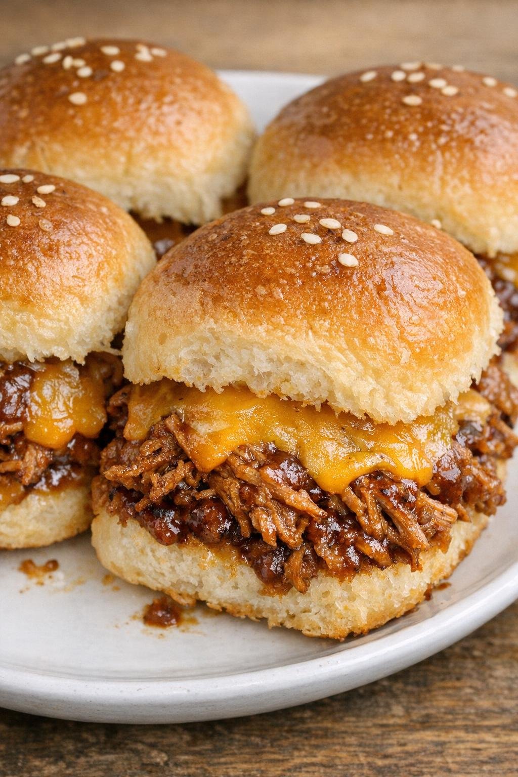 Southern 4-ingredient BBQ pulled pork sliders on a white ceramic plate