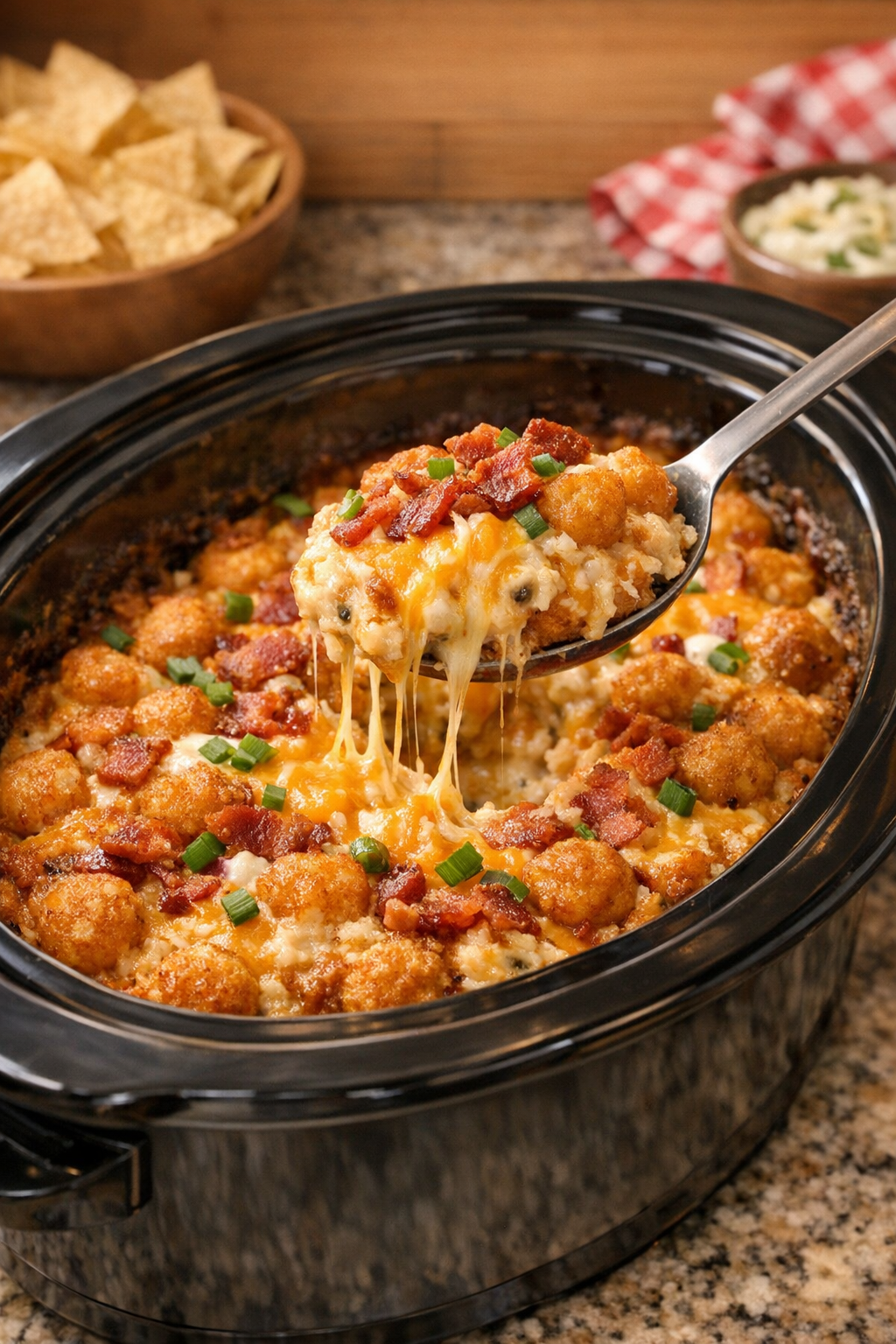 Finished loaded hash brown casserole served from a slow cooker