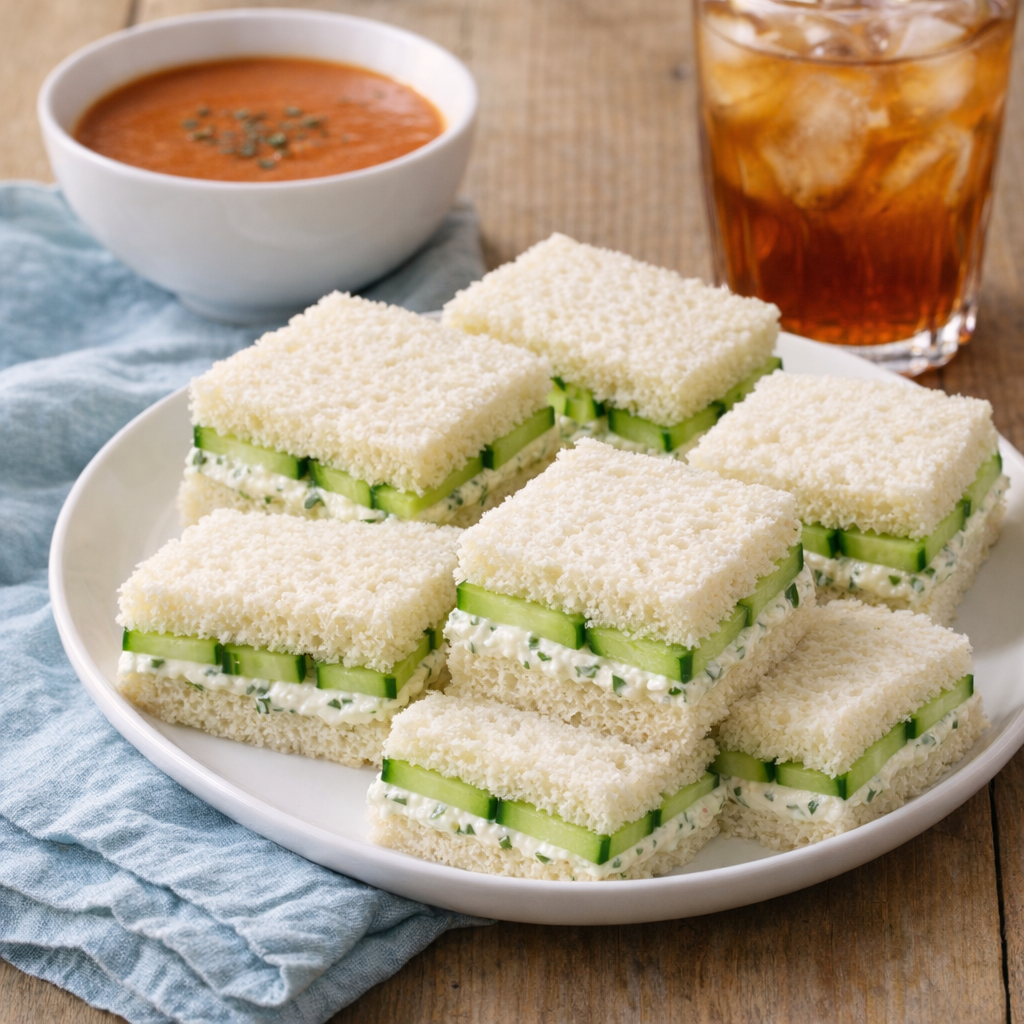 Small luncheon plate with cucumber sandwiches and tomato soup