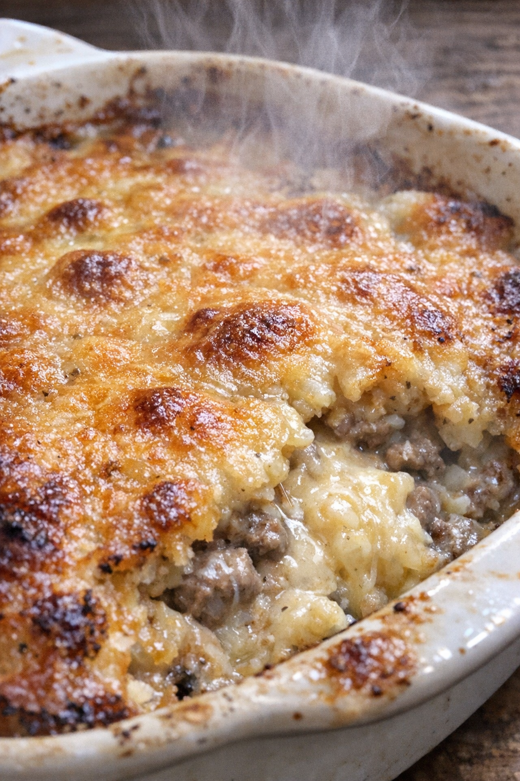 Bubbling crusted casserole in a ceramic baking dish