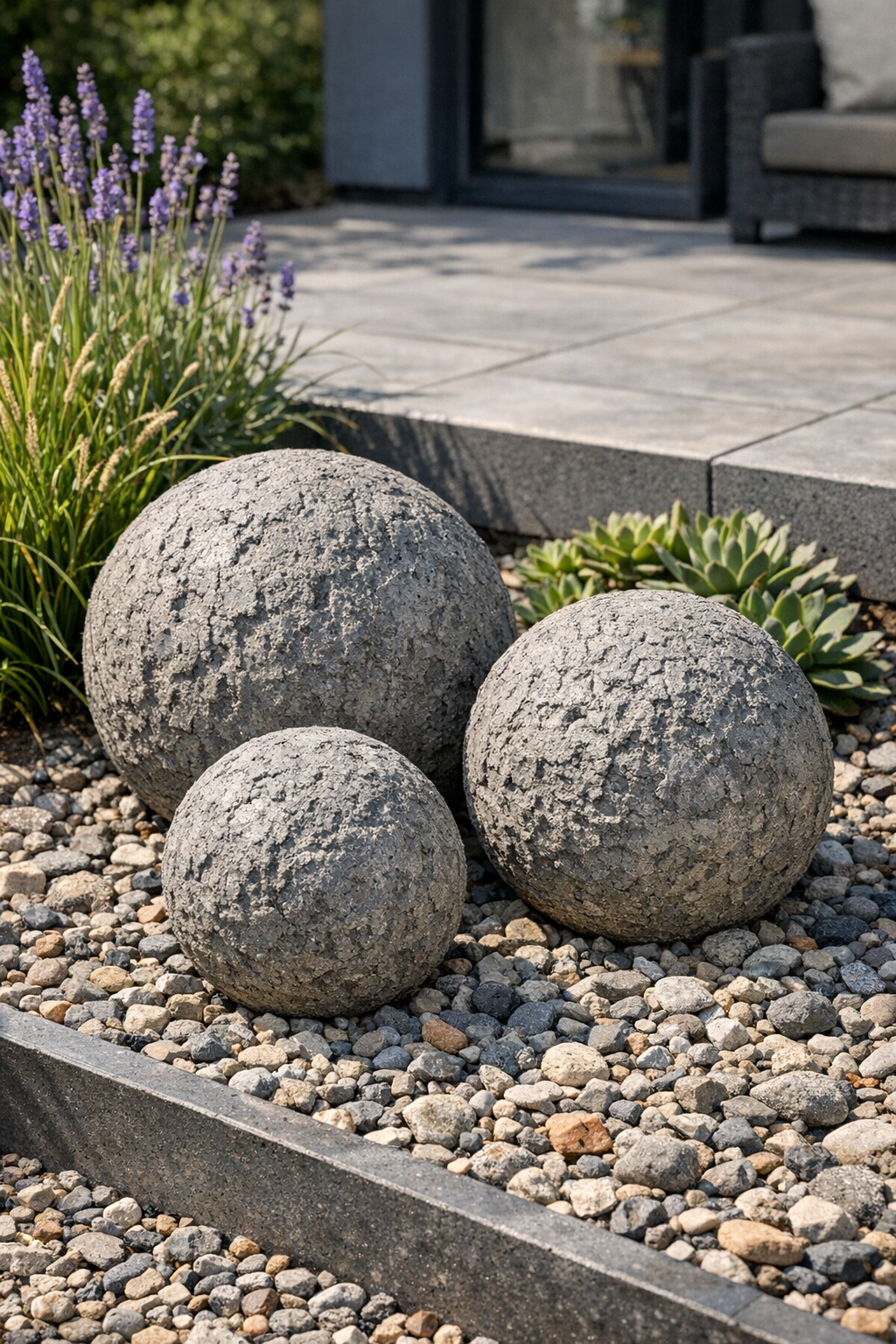 Finished heavy textured cement patio spheres displayed outdoors