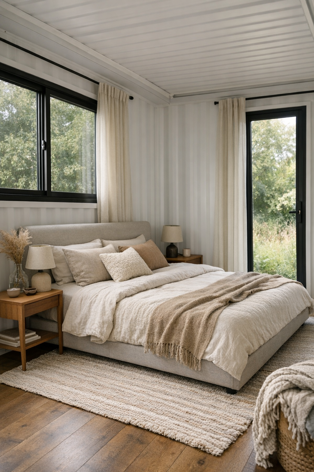 Calm bedroom with upholstered bed, layered neutral textiles, and black-framed windows