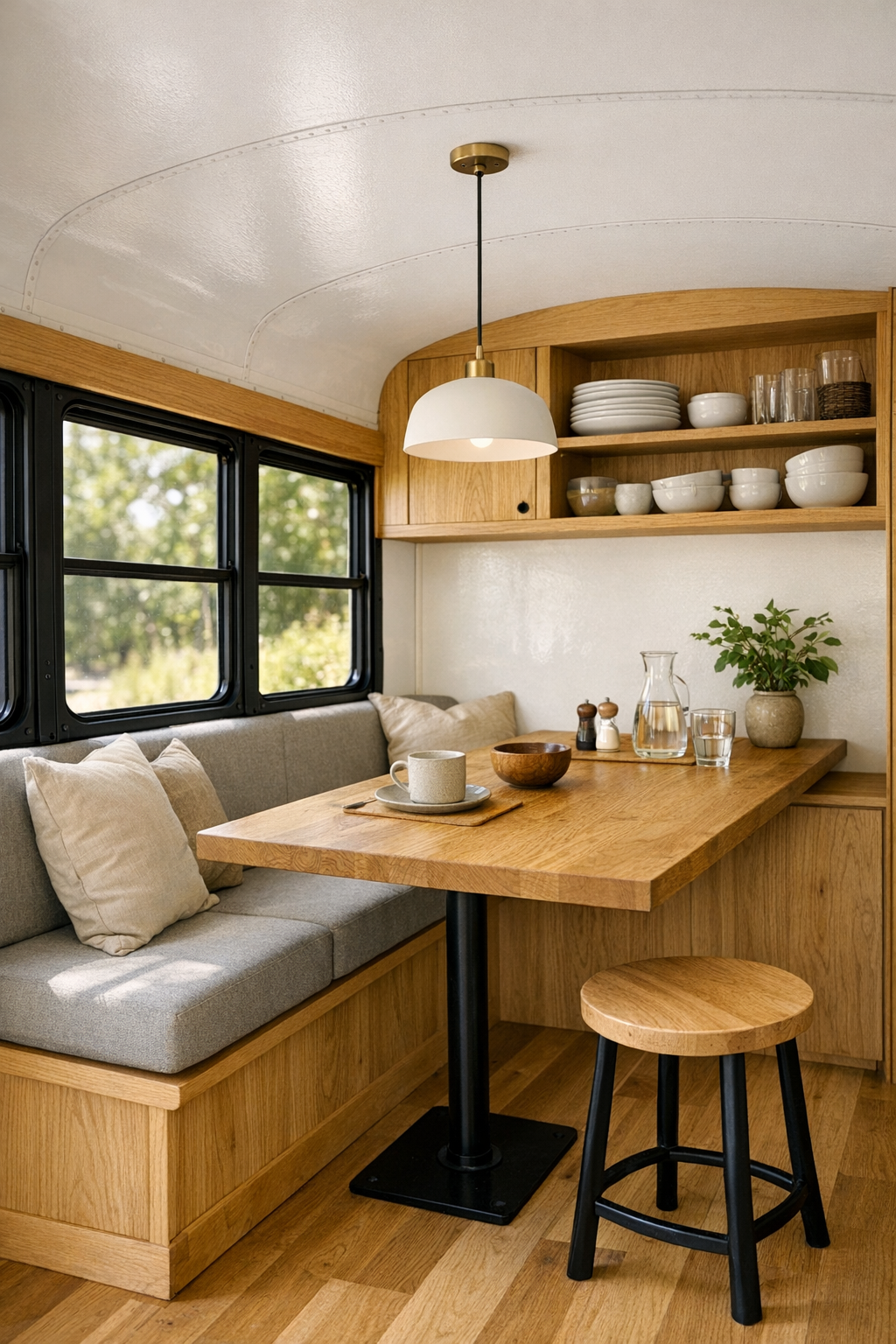 Small dining nook inside a converted bus with built-in table by the window